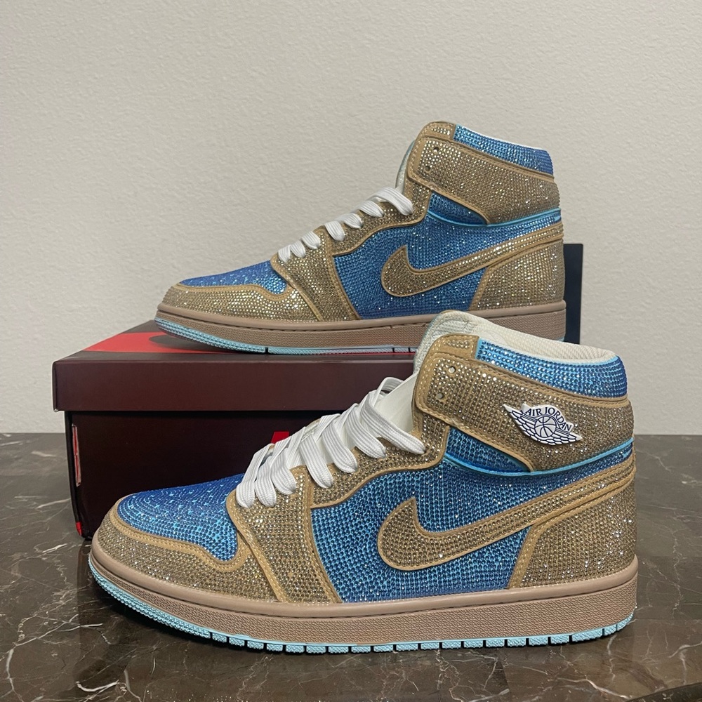 New! Unworn! Custom Blue and Gold Iced Out Blingged Nike Air Jordan 1 with white